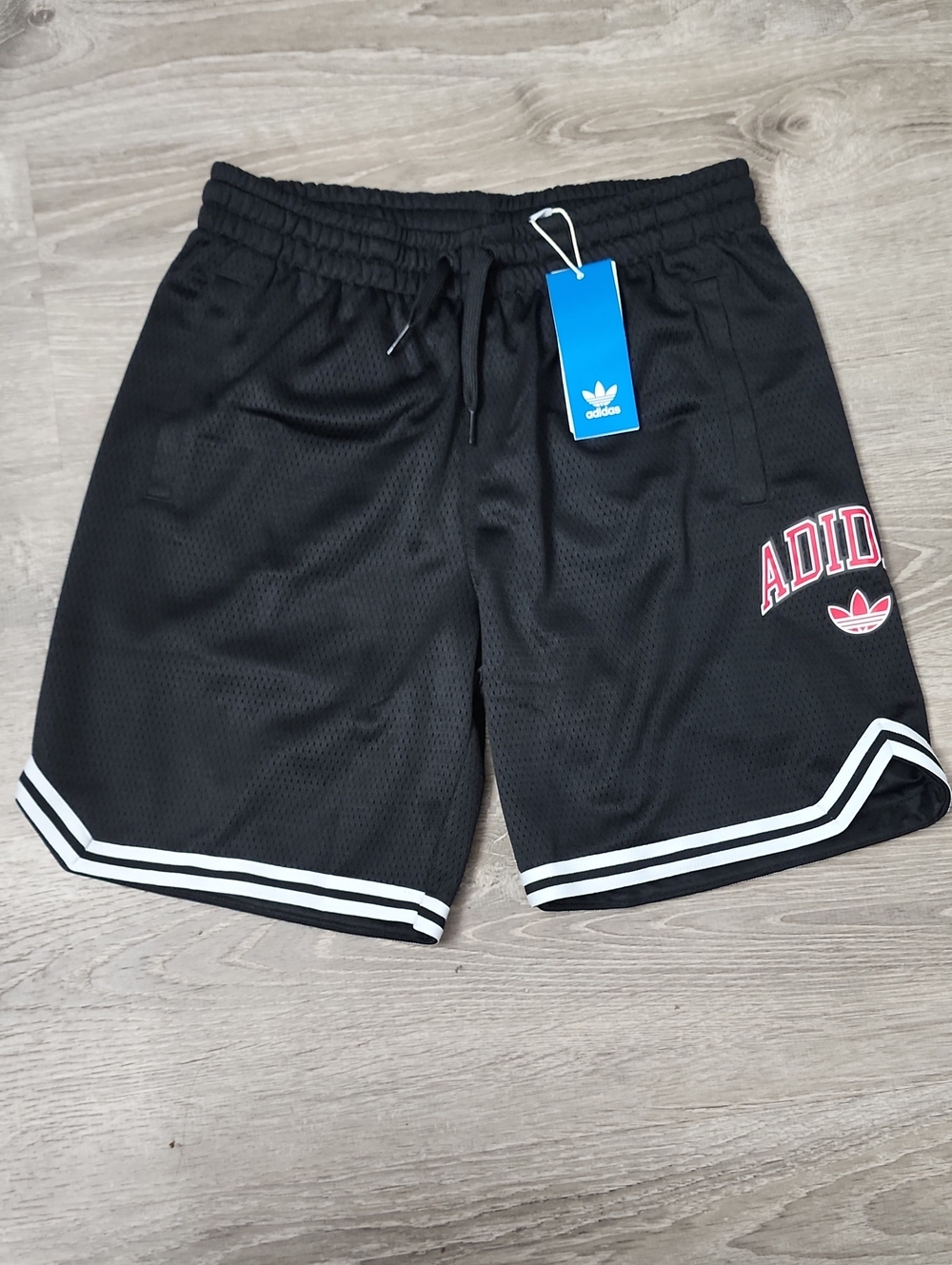 adidas Boys Large Black Athletic Mesh Shorts with White Trim and Red Logo New